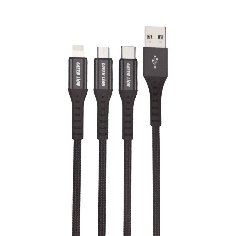 کابل تبدیل USB به لایتنینگ / Micro USB / USB-C گرین لاین مدل (3in1) Braided طول 1.2متر