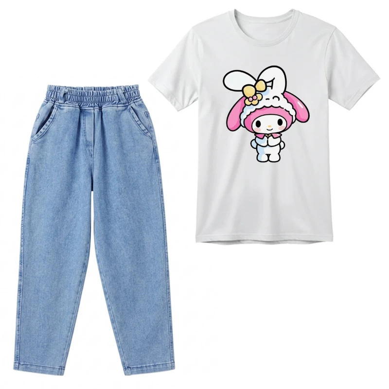 ست تی‌شرت آستین کوتاه و شلوار دخترانه مدل ملودی کد v5 