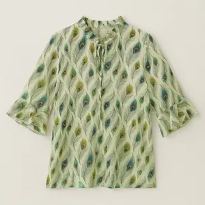 بلوز آستین سه ربع یقه گرد زنانه مدل پر طاووس