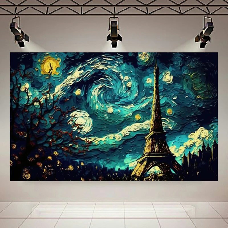 تابلو بوم طرح مخمل شب پر ستاره پاریس مدل برج ایفل کد AR303954