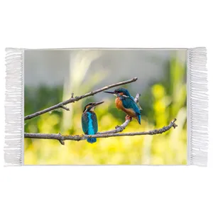 فرش ماشینی دیوارکوب اطلس آبی طرح پرنده و گنجشک روی شاخه درخت مدل T1665 