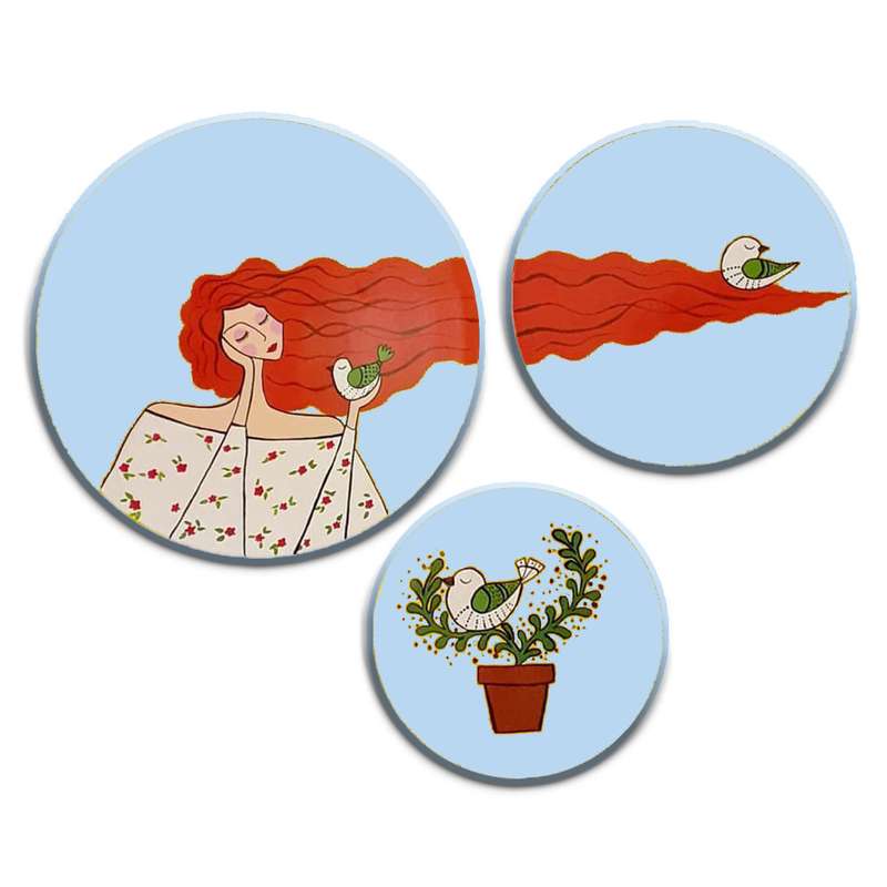 بشقاب دیوارکوب سفالی طرح دختر و پرنده مجموعه 3 عددی