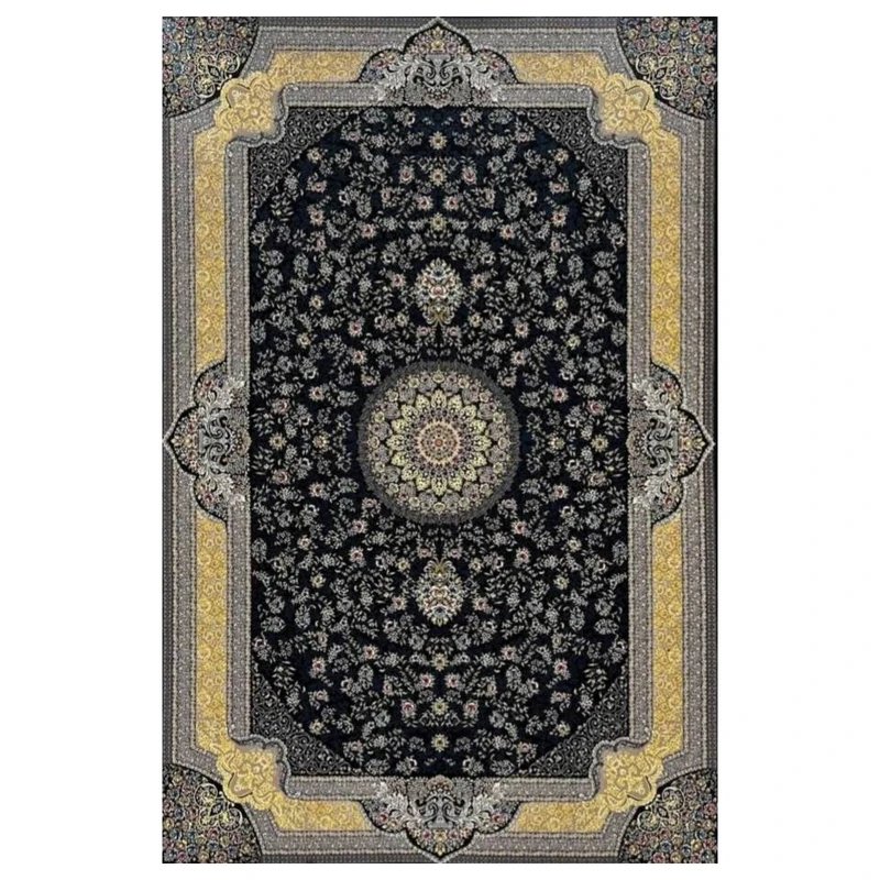 فرش ماشینی 700 شانه زمینه سرمه‌ای حاشیه زرد مدل خاتون