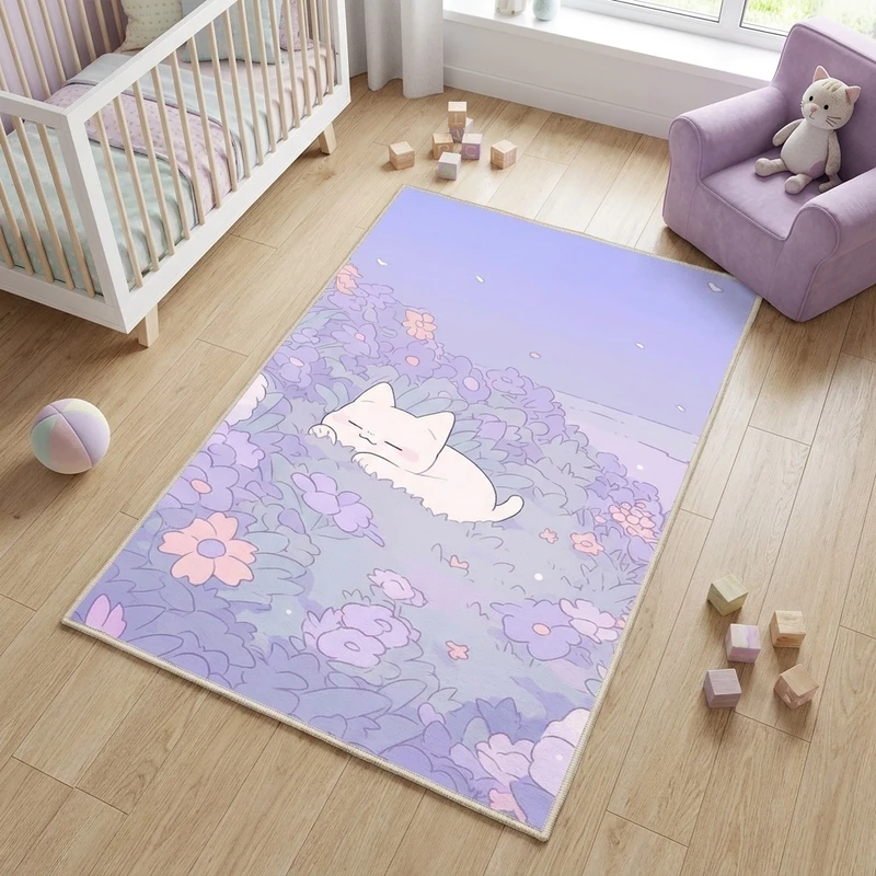 فرش ماشینی 1000 شانه زمینه بنفش حاشیه بنفش مدل اورکوم طرح اتاق کودک کد kids.9016.01