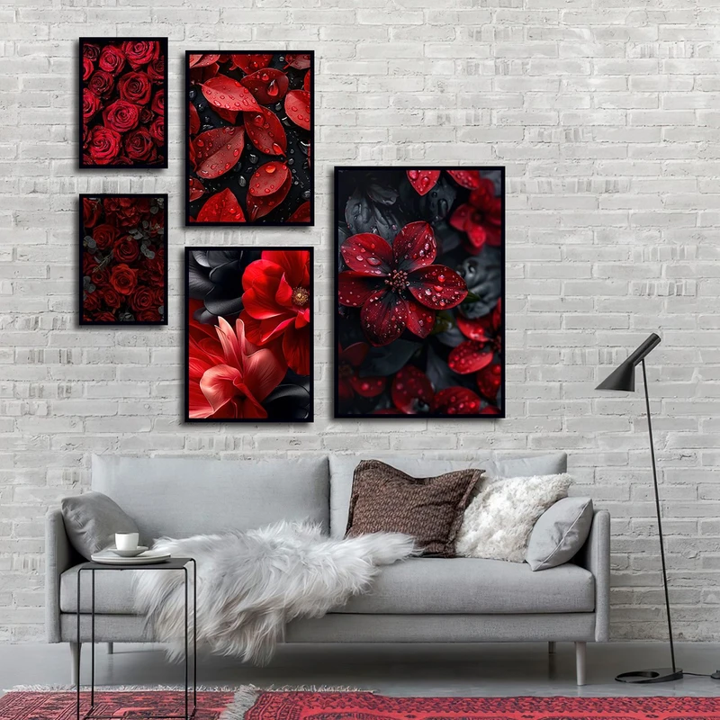 تابلو بکلیت طرح طبیعت و گل قرمز مدل B-2988 مجموعه 5 عددی