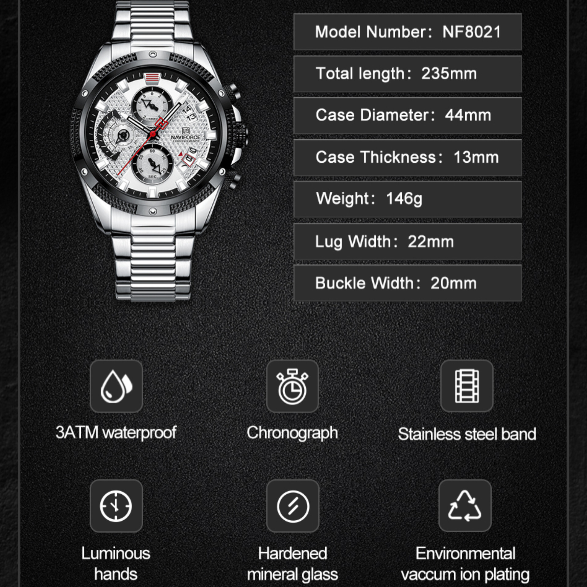 ساعت مچی عقربهای مردانه نیوی فورس مدل سه موتوره کرنوگراف NF8021-S/W ساعت مچی عقربهای مردانه نیوی فورس مدل سه موتوره کرنوگراف NF8021-S/W