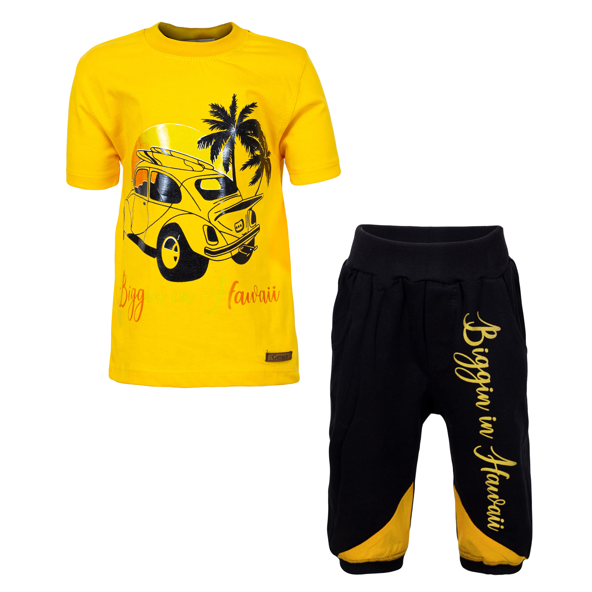 ست تی شرت و شلوارک پسرانه مدل هاوایی رنگ زرد