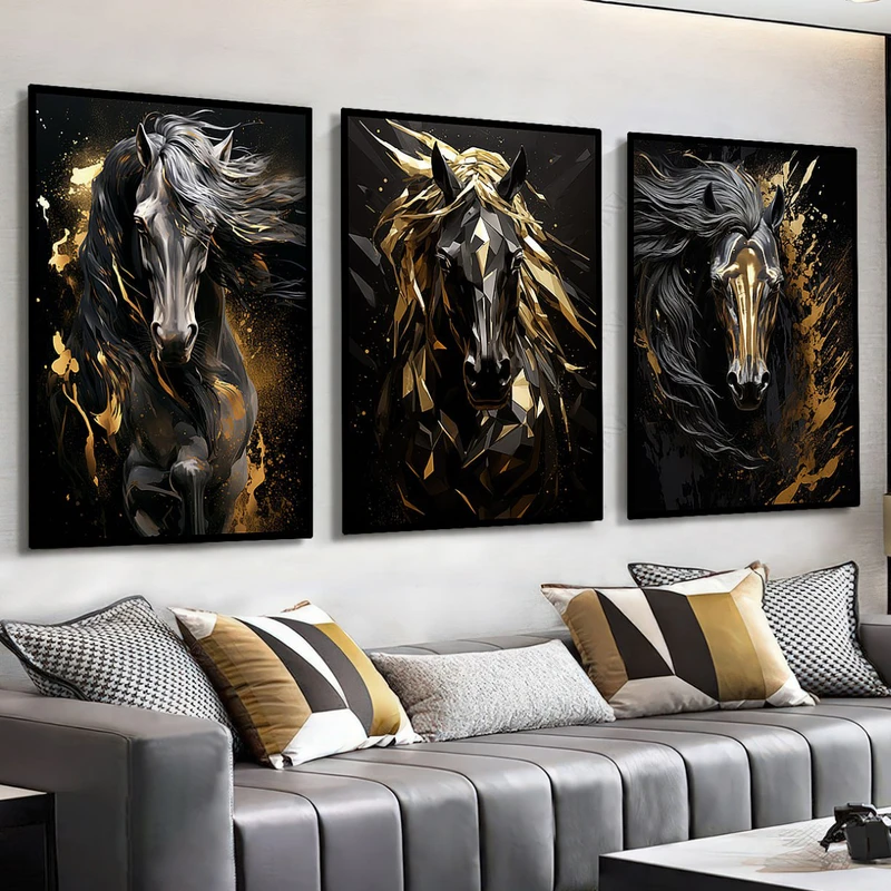 تابلو طرح دکوراتیو اسب کد 4180B با فریم مشکی مجموعه سه عددی