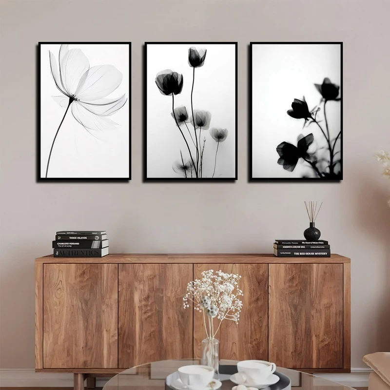 تابلو بکلیت طرح طبیعت و گل مدل B-4038 فریم مشکی مجموعه 3 عددی