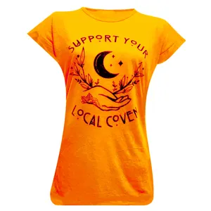 تی شرت آستین کوتاه زنانه مدل  دست و ماه و ستاره SUPPORT YOUR LOCAL COVEN  کد tm-1946 رنگ زرد