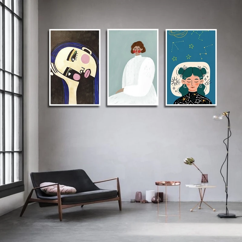 تابلو بکلیت طرح دخترانه نقاشی مینیمال مدل W-2350 مجموعه 3 عددی