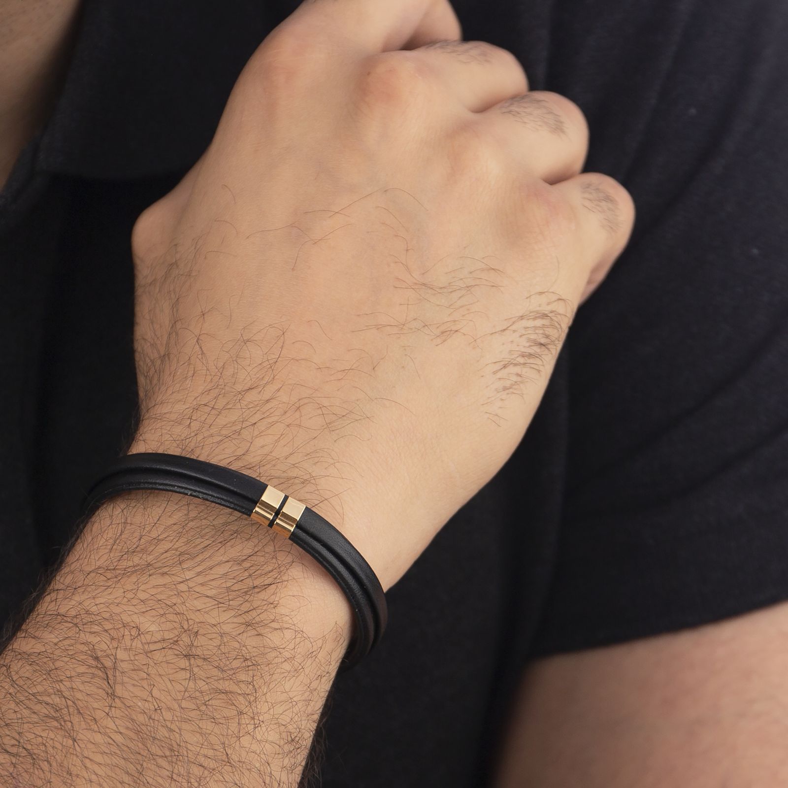 دستبند طلا 18 عیار مردانه با بند چرمی بان گالری مدل لئو -  - 5