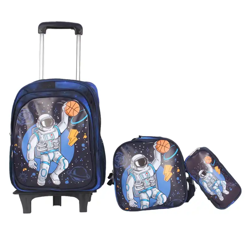 کوله پشتی چرخدار طرح فضانورد به همراه کیف غذا و جامدادی