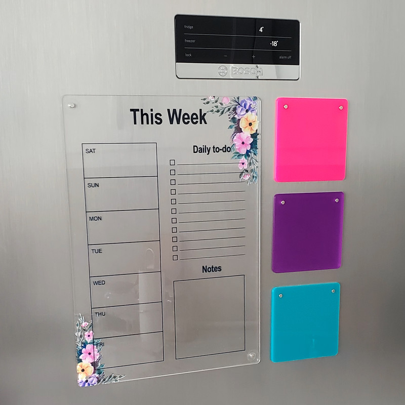 تخته وایت برد مدل پلنر هفتگی طرح گل دار سایز 20*30 سانتی متر به همراه استیکر مجموعه 4 عددی