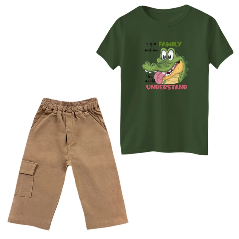 ست تی‌شرت و شلوارک پسرانه مدل تمساح سبز