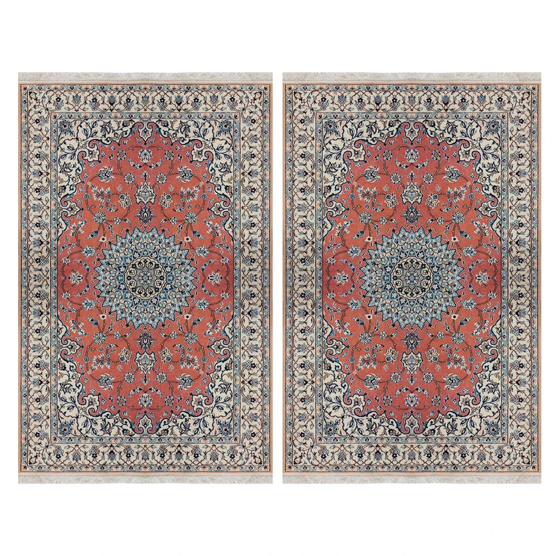 فرش دستبافت 3 متری مدل نایین لچک و ترنج ۹لا کد 975 - 974 زمینه پیازی مجموعه 2 عددی