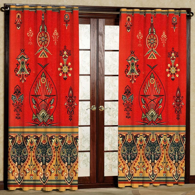 پرده طرح سنتی قرمز مدل مخمل پانچی کد 2_5560 W سایز 140x280 سانتی متر