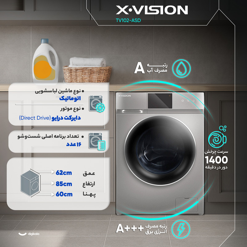 ماشین لباسشویی 10 کیلوگرم اتوماتیک ایکس ویژن مدل TV102-ASD