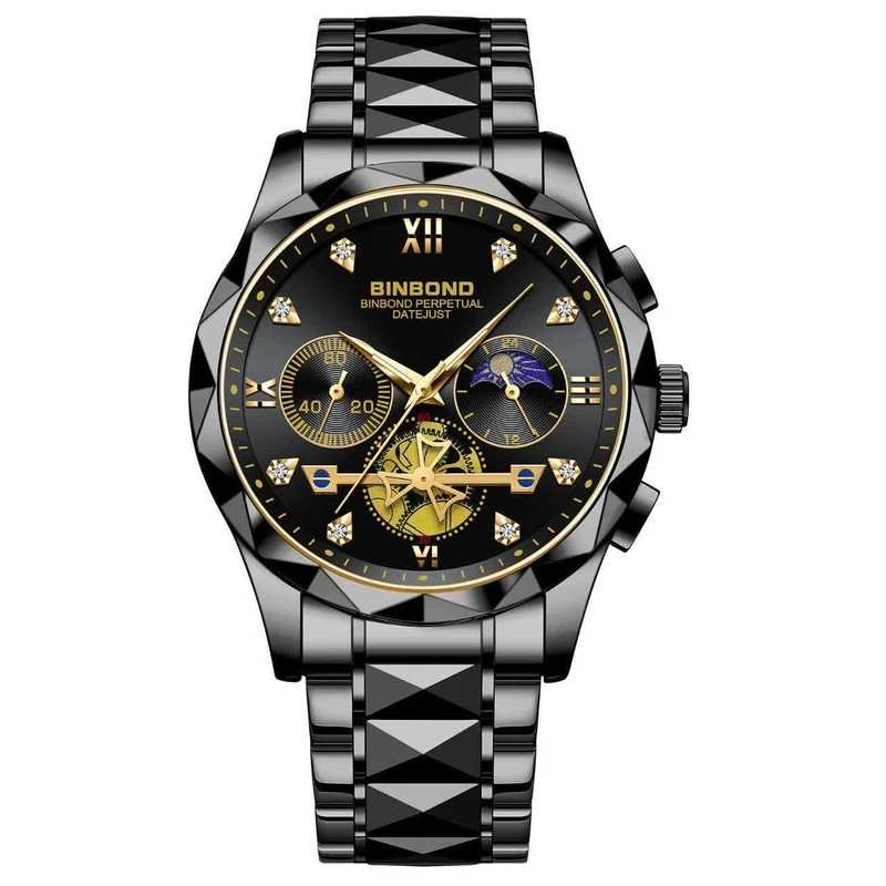 ساعت مچی عقربه‌ای کوارتز مردانه بین باند مدل سه موتور فعال کورنوگراف بند الماسی قفل مخفی کد 001