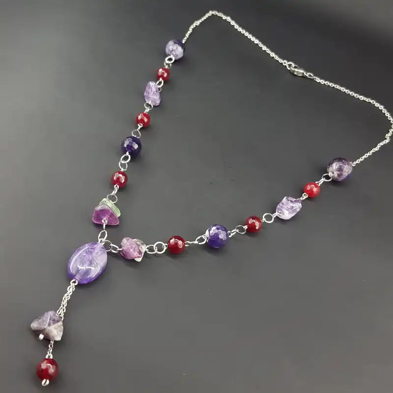 گردنبند زنانه مدل سنگ آمیتیست و عقیق یاقوتی کد 73