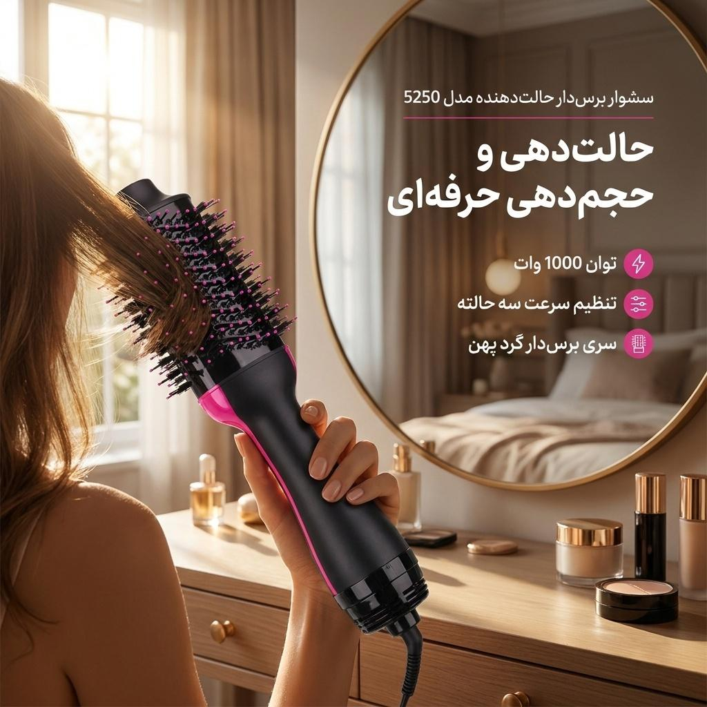 سشوار برس‌دار حالت‌دهنده مدل 5250 با توان 1000 وات، موتور DC، تنظیم سرعت سه حالته، سری برس‌دار گرد پهن برای صاف‌کنندگی و حجم‌دهندگی، وزن 750 گرم، کاربرد خانگی و نیمه حرفه‌ای