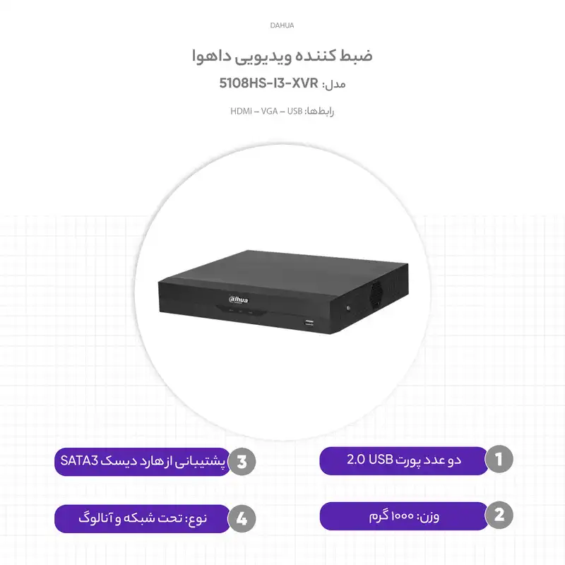 ضبط کننده ویدیویی داهوا مدل XVR-5108HS-I3