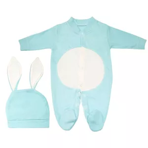 ست سرهمی و کلاه نوزادی مدل خرگوشی کد JJ2 رنگ آبی
