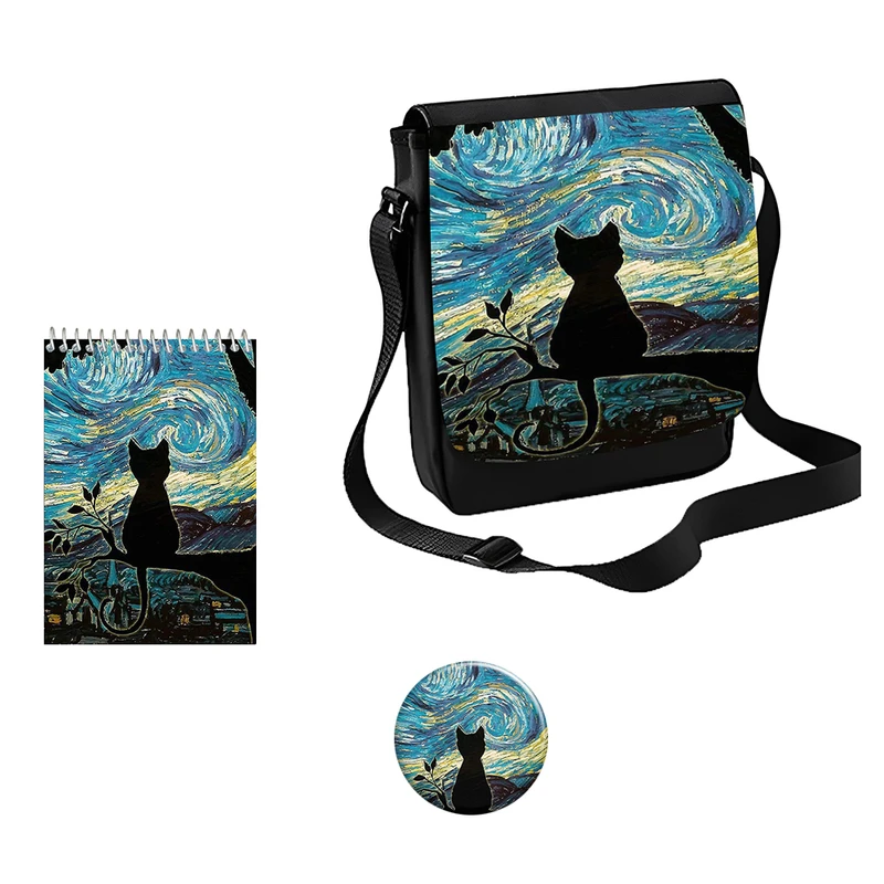 کیف رودوشی مدل گربه شب پر ستاره ونگوگ کد s4 به همراه دفتر یادداشت و پیکسل