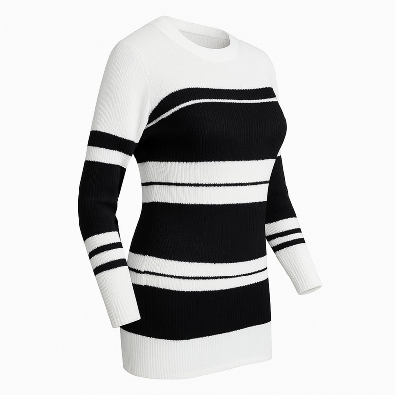 پلیور یقه گرد زنانه مدل بلند راه راه