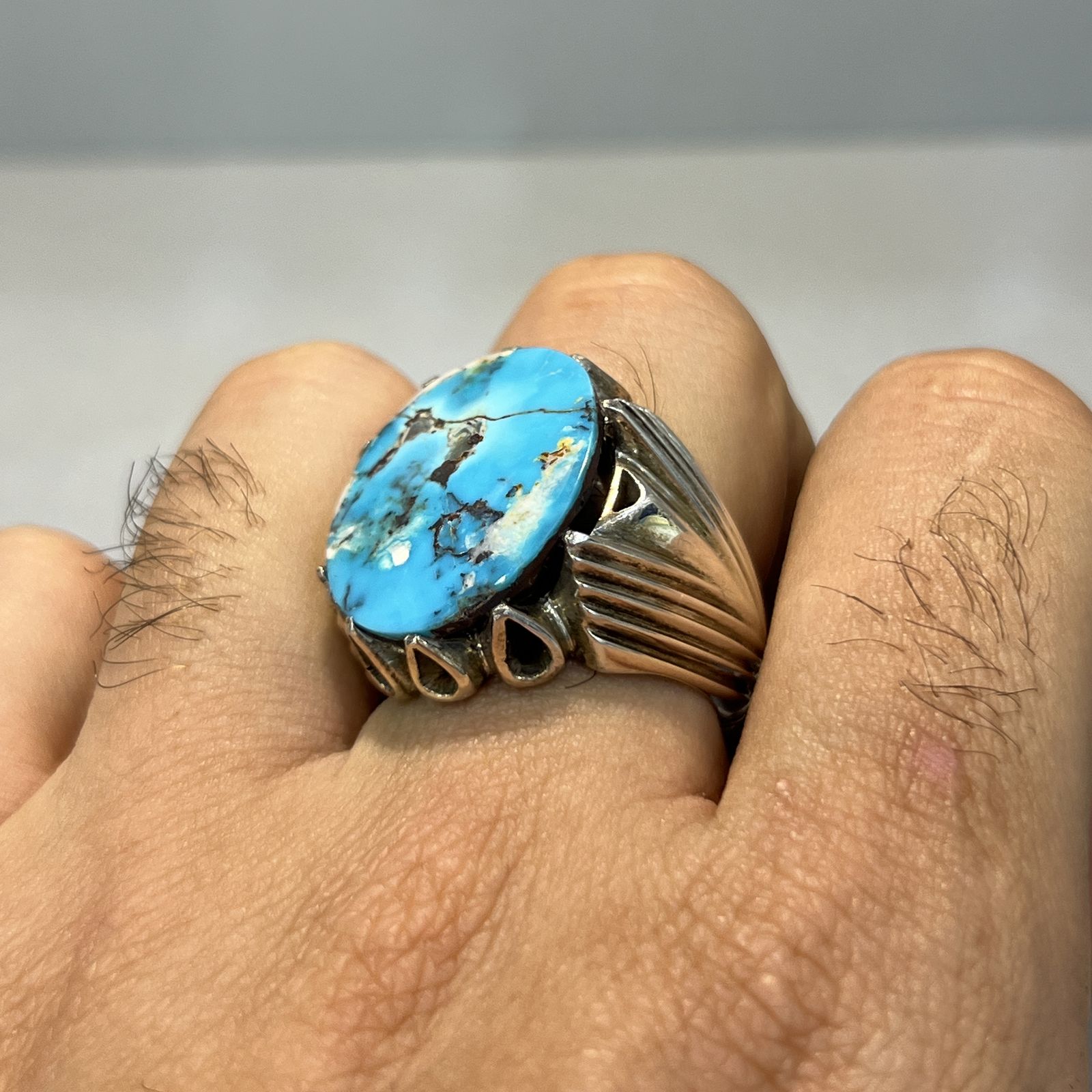 انگشتر نقره مردانه مدل اسپرت نگین فیروزه نیشابوری - - 7