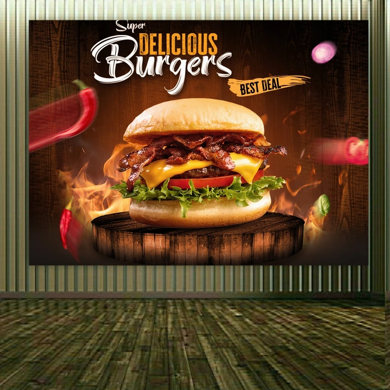تابلو بوم طرح فست فود مدل همبرگر لذیذ کد FP104547