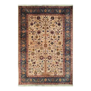 فرش ماشینی 1200 شانه پردیسان دلیجان زمینه کرم حاشیه آبی طرح ابریشم کد Z1086 