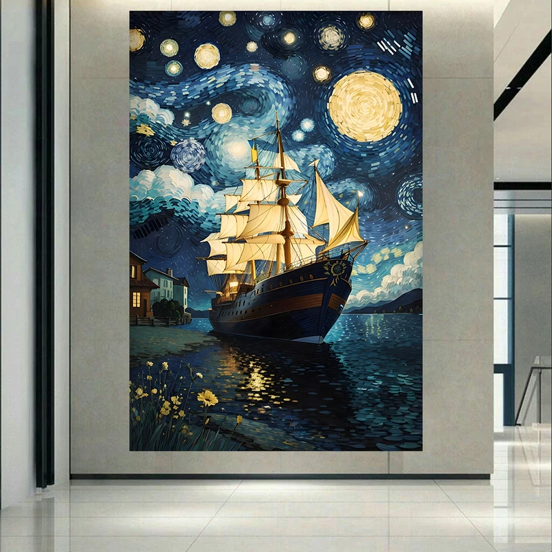 تابلو شاسی مخمل طرح نقاشی شب پرستاره ونگوگ مدل کشتی کد AR31236
