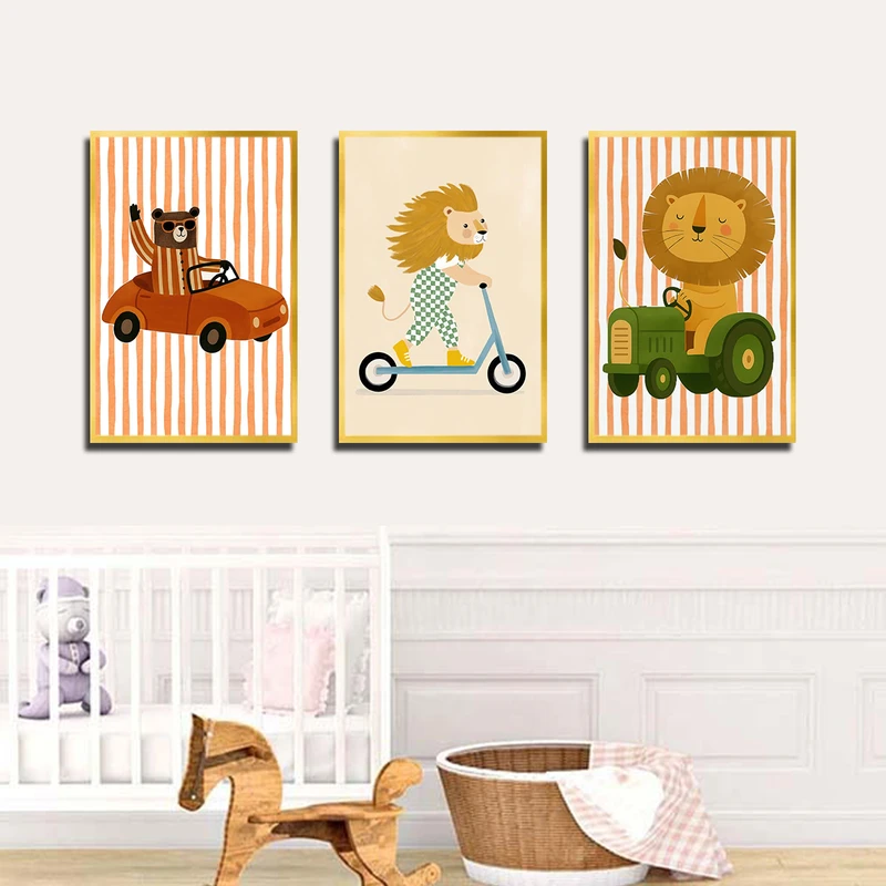 تابلو بکلیت طرح نقاشی حیوانات مدل T-3783 فریم طلایی مجموعه 3 عددی