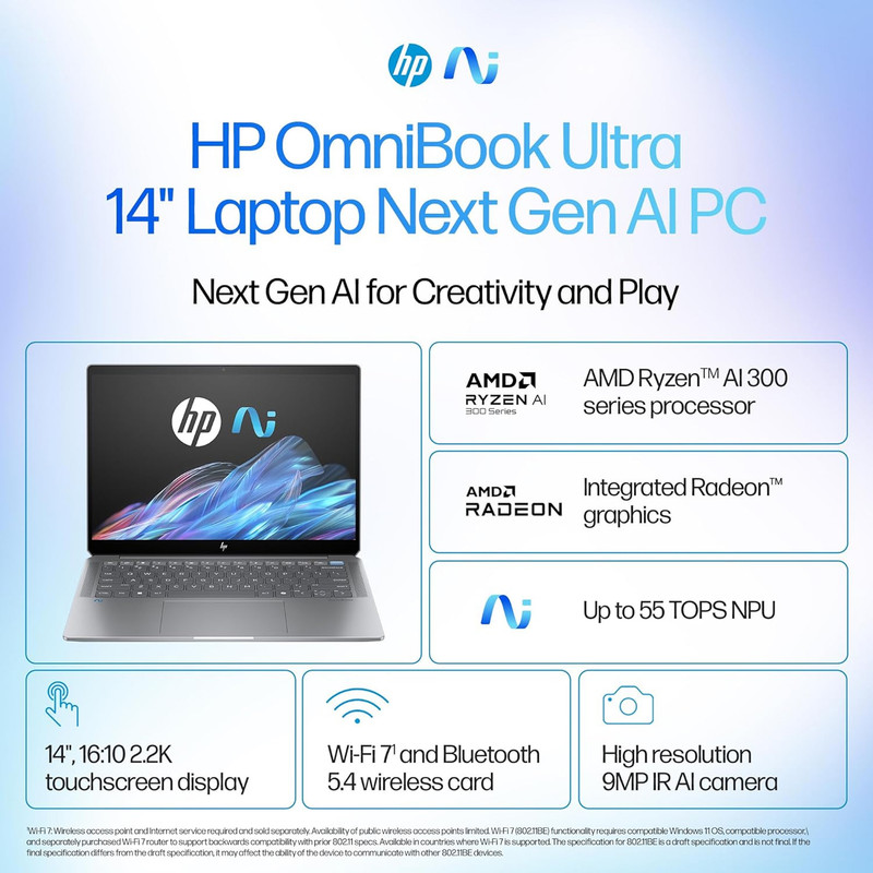 لپ‌تاپ 14 اچ‌ پی مدل OmniBook Ultra 14 fd0002na-Ryzen AI 9 365-32GB LPDDR5X-2TB SSD-Touch-2.2K-Backlit - کاستوم شده