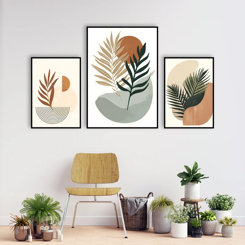 تابلو بکلیت طرح دکوراتیو نقاشی مینیمال و هنری برگ انجیری کد B-MR-1130  فریم مشکی مجموعه 3 عددی