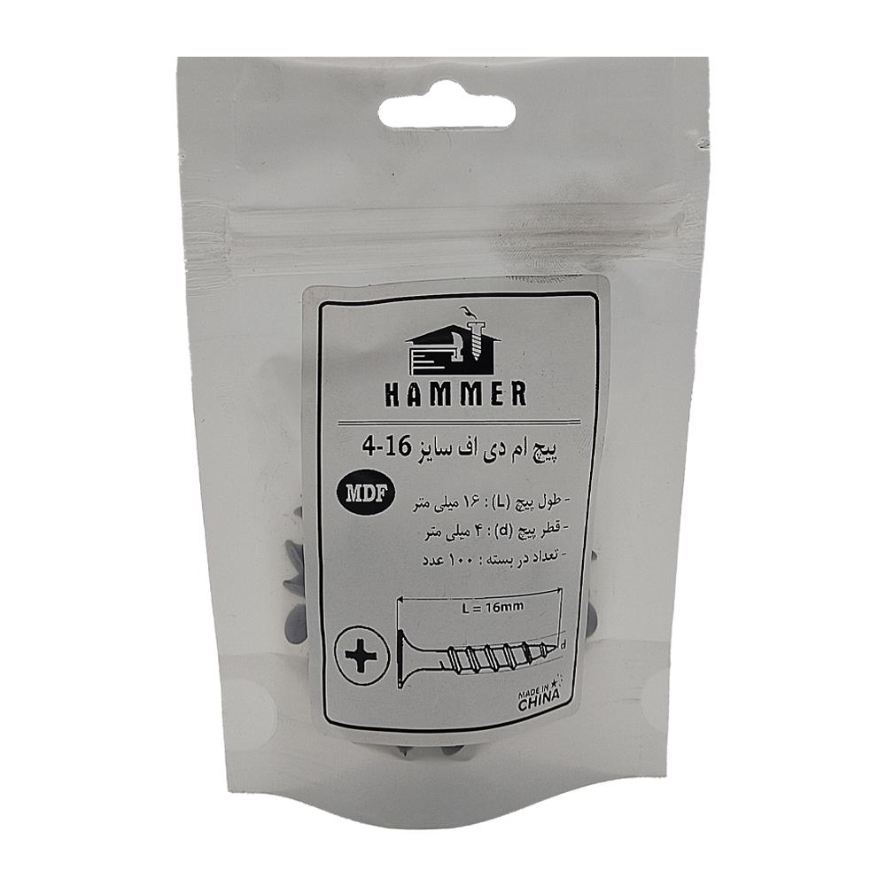 پیچ ام دی اف هامر مدل 4X16mm بسته 100 عددی