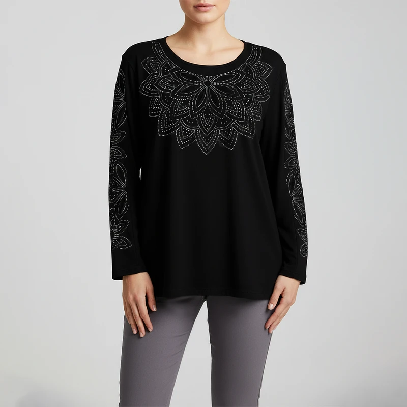 بلوز آستین بلند یقه گرد زنانه مدل مجلسی نگین دار