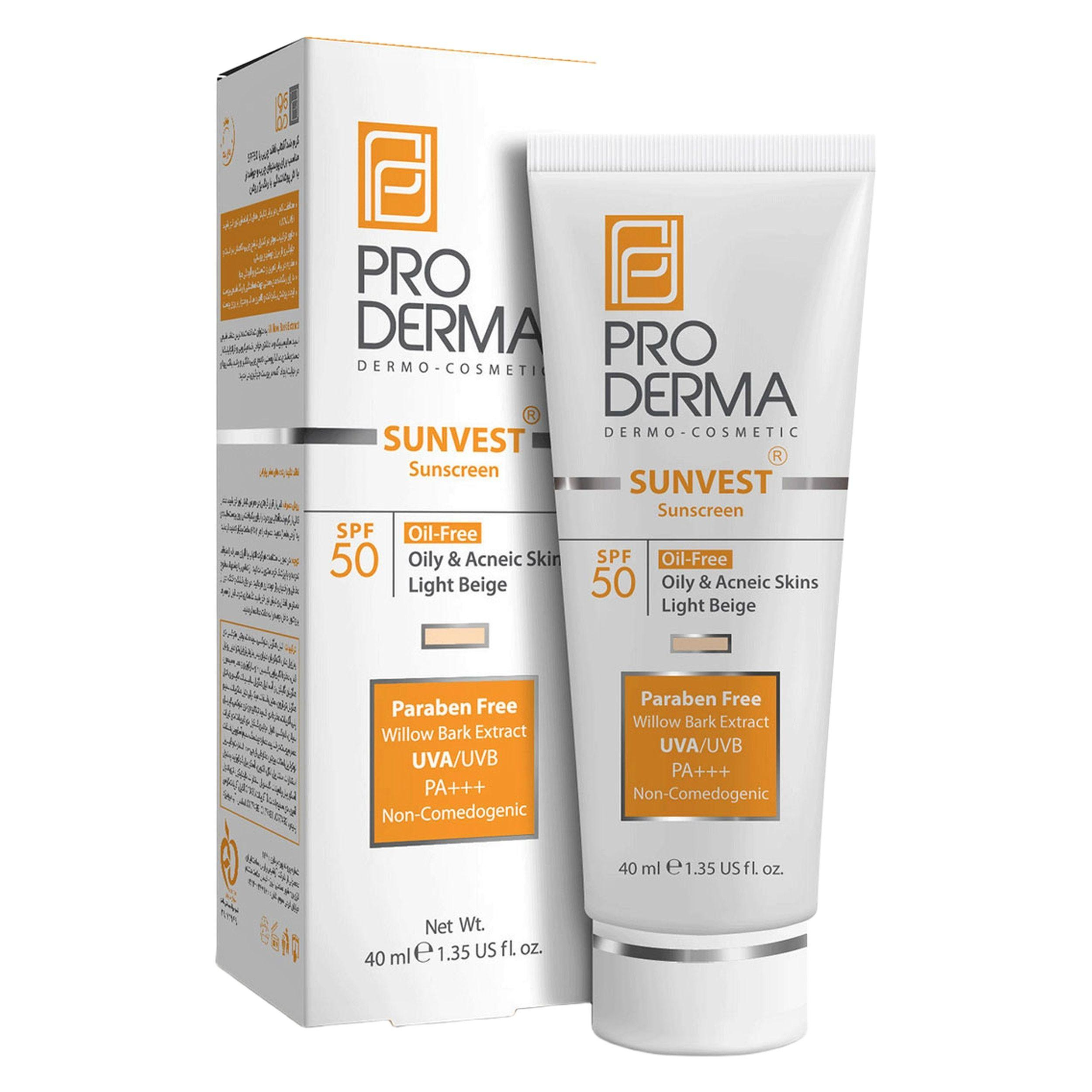کرم ضد آفتاب رنگی پرودرما، SPF 50، مدل 50 Sunvest، مناسب پوستهای آکنهدار و چرب با تنالیته روشن و حجم 40 میلیلیتر، محافظتکننده در برابر اشعههای UVA و UVB، غیر کومدونزا و فاقد پارابن، PA+++، دارای فرمولاسیون فاقد چربی،با ماندگاری 2 ساعته