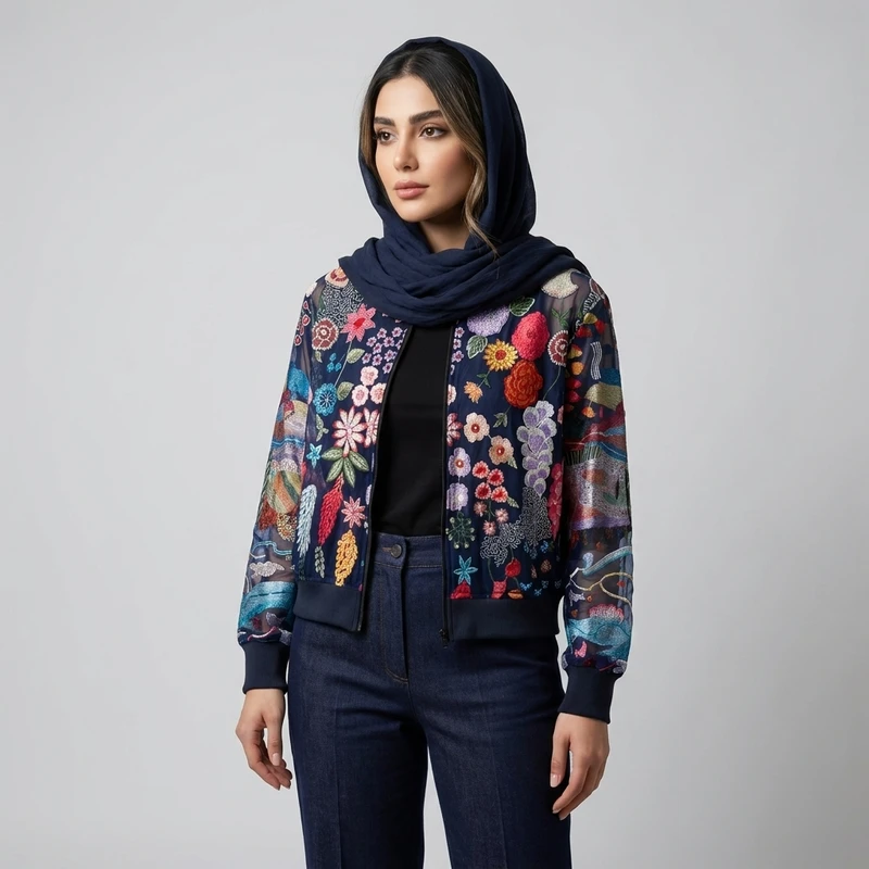 بامبر جکت زنانه مدل شیشه ای گلدوزی کد AK1650