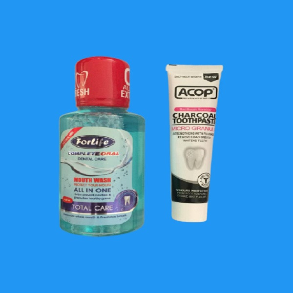 دهان شویه فورلایف مدل TOTAL CARE حجم 330 میلی لیتر به همراه خمیر دندان آکوپ مدل Charcoal toothpaste حجم 90 میلی لیتر