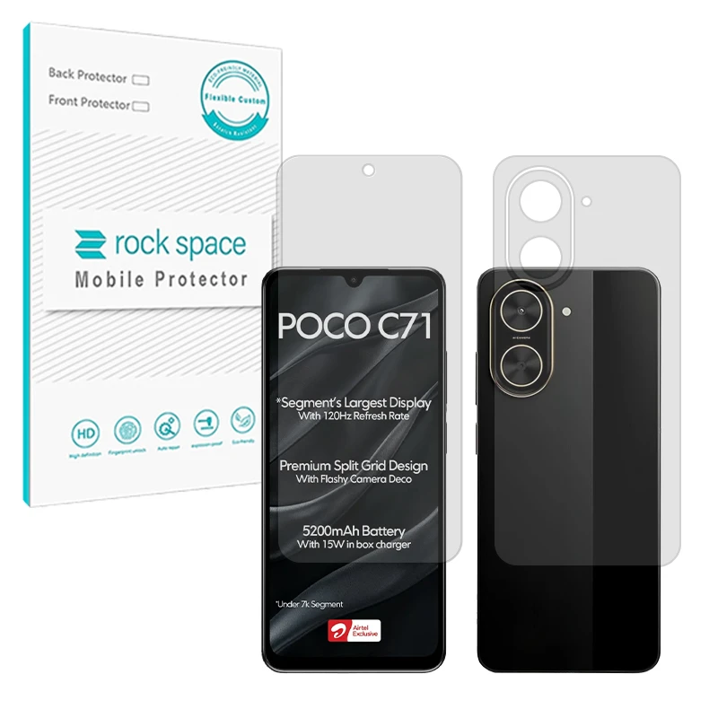 محافظ صفحه نمایش شفاف راک اسپیس مدل Resistant مناسب برای گوشی موبایل شیائومی Poco C71 به همراه محافظ پشت گوشی