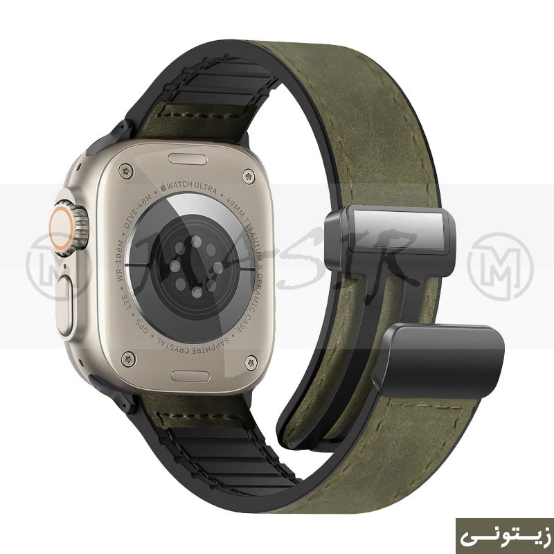 بند مسیر مدل Magnetic Leather Silicon مناسب برای اپل واچ سری 1/2/3/4/5/6/7/8/9/SE سایز 38/40/41 میلی متری