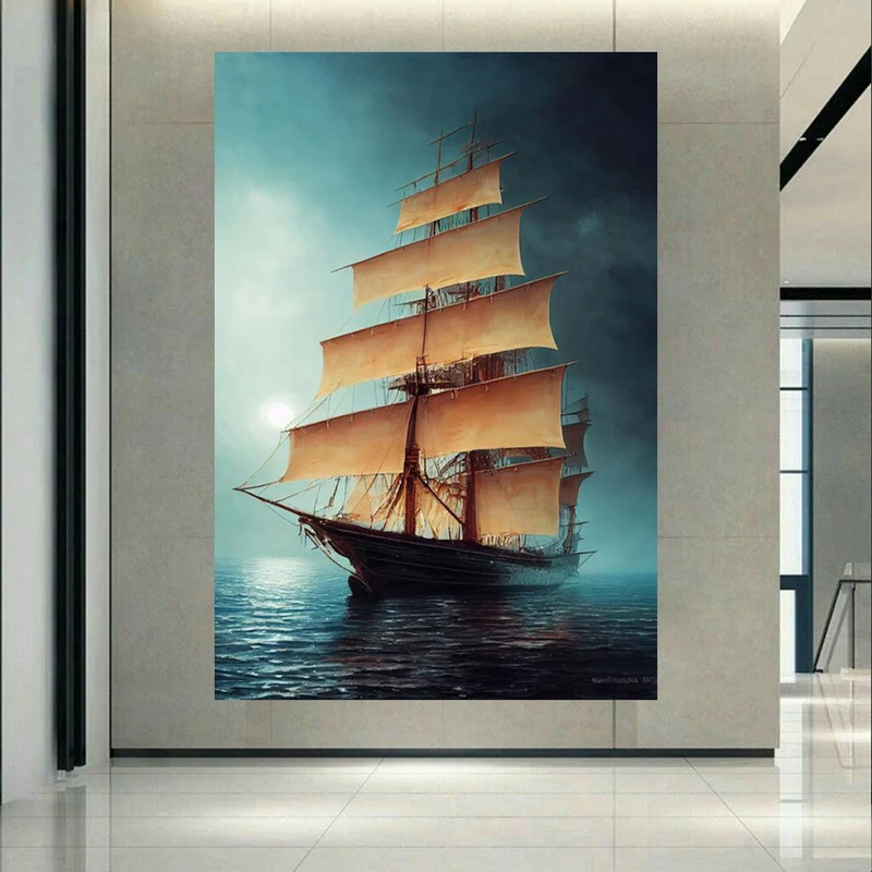 تابلو بوم طرح مخمل کشتی مدل دریای تاریک کد AR303784