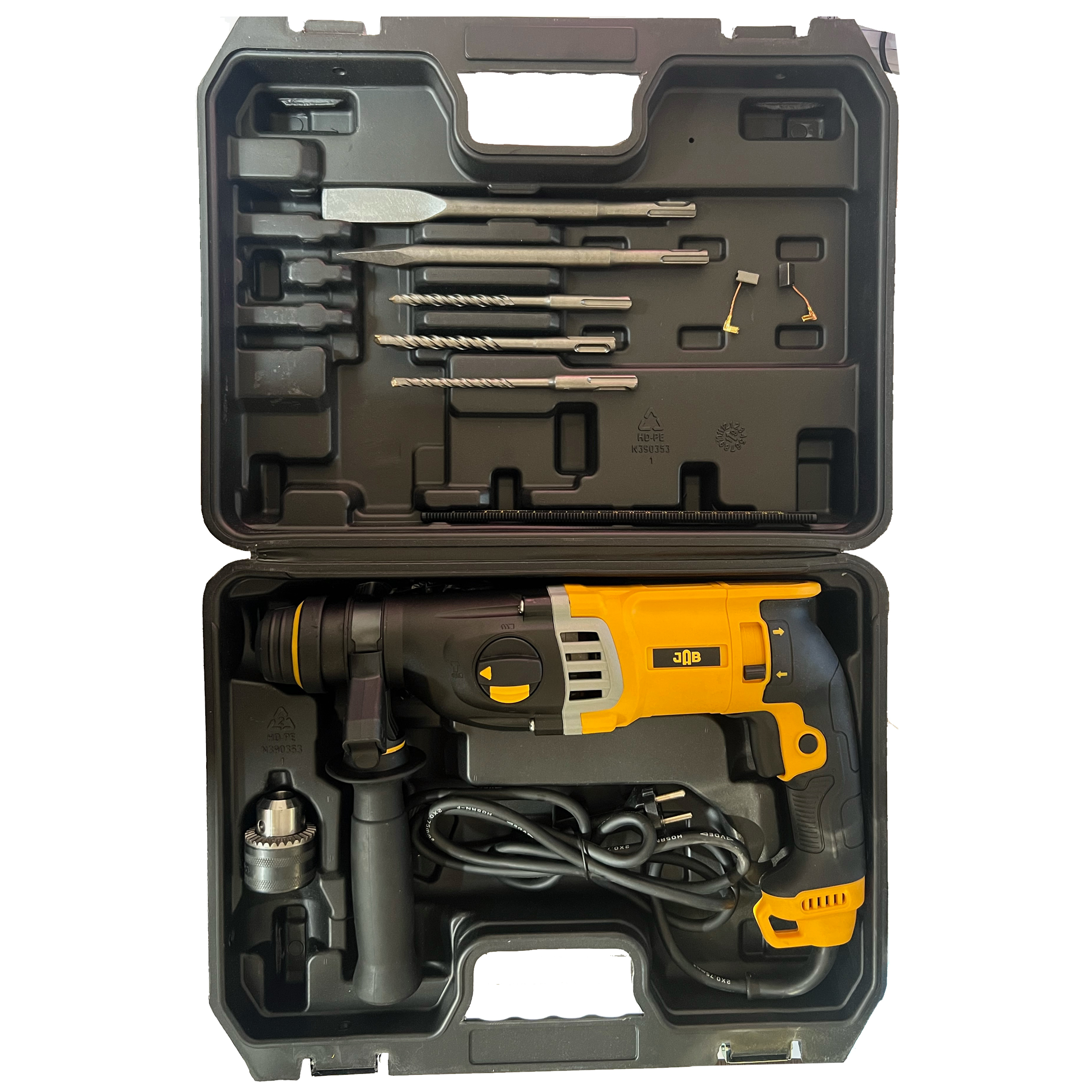 مجموعه 12 عددی دریل بتن کن سه نظام چهارشیار 4500 وات جاب مدل JB-2570 SDS plus مجموعه 12 عددی دریل بتن کن سه نظام چهارشیار 4500 وات جاب مدل JB-2570 SDS plus