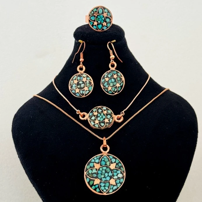 ست زیورآلات دست ساز زنانه مدل  مسی فیروزه کوبی مدل 1