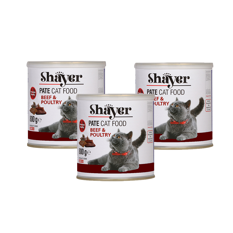 کنسرو غذای گربه شایر مدل پته گوشت قرمز و گوشت طیور وزن 800 گرم بسته 3 عددی