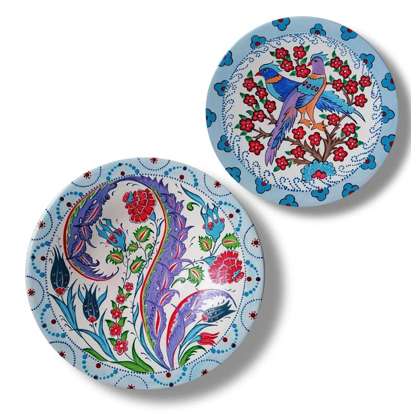 بشقاب دیوارکوب سفالی طرح گل و مرغ مجموعه دو عددی