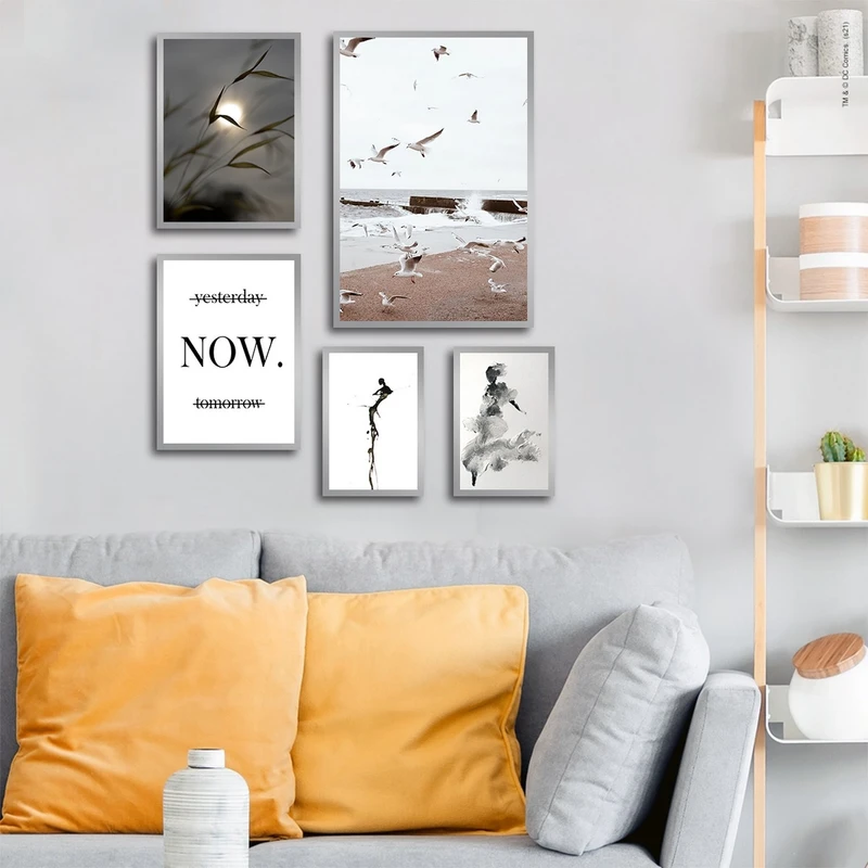 تابلو ساده بکلیت طرح طبیعت و نقاشی مد مدل شاین اکلیلی SI-3003 فریم نقره ای مجموعه 5 عددی