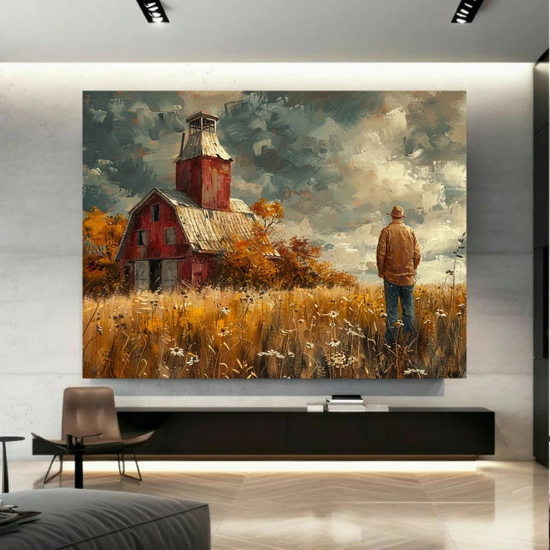 تابلو بوم طرح مخمل نقاشی مرد تنها مدل کلبه متروکه کد FP105219